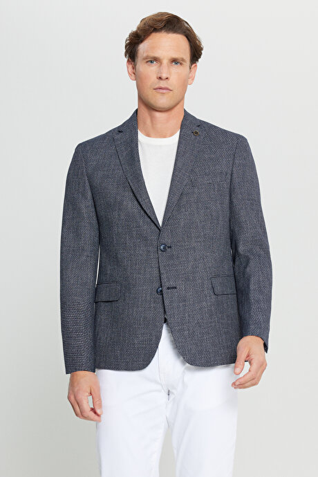 Regular Fit Normal Kesim Mono Yaka Kapak Cepli Armürlü Blazer Lacivert Ceket resmi