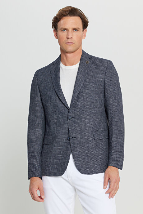 Regular Fit Normal Kesim Mono Yaka Kapak Cepli Armürlü Blazer Lacivert Ceket resmi