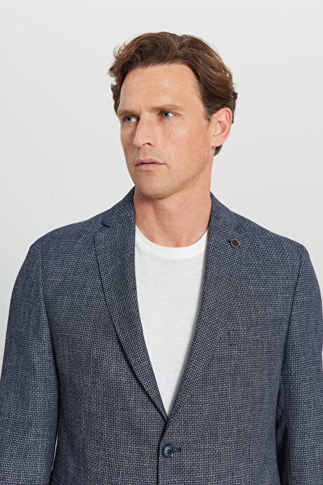 Regular Fit Normal Kesim Mono Yaka Kapak Cepli Armürlü Blazer Lacivert Ceket resmi