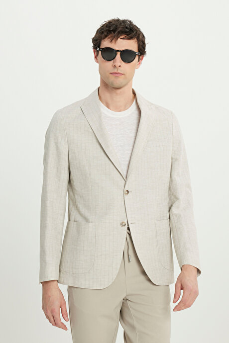 Keten Slim Fit Dar Kesim Kırlangıç Yaka Torba Cepli Çizgili Blazer Bej Ceket resmi