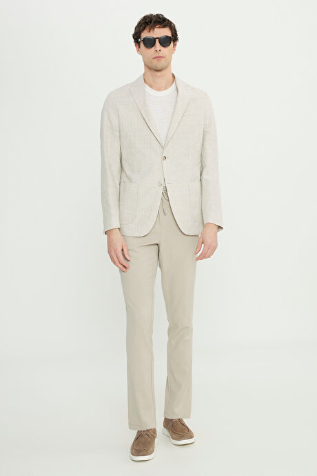 Keten Slim Fit Dar Kesim Kırlangıç Yaka Torba Cepli Çizgili Blazer Bej Ceket resmi