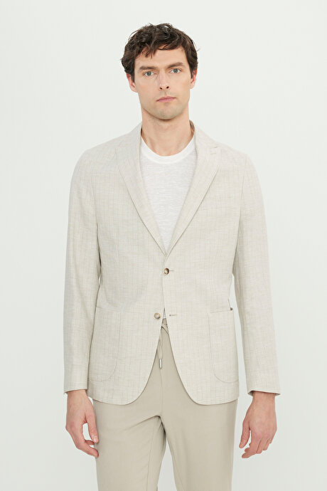 Keten Slim Fit Dar Kesim Kırlangıç Yaka Torba Cepli Çizgili Blazer Bej Ceket resmi