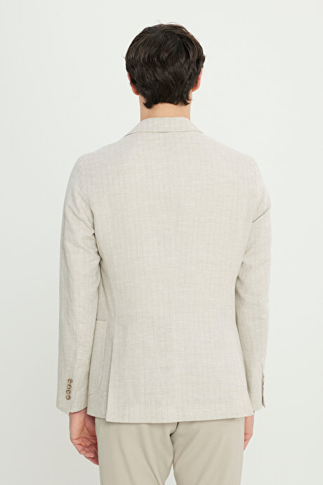 Keten Slim Fit Dar Kesim Kırlangıç Yaka Torba Cepli Çizgili Blazer Bej Ceket resmi