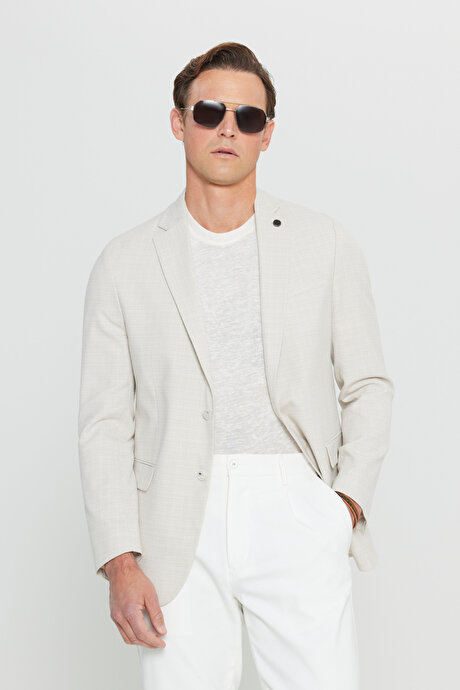 Slim Fit Dar Kesim Pamuklu Flamlı Kapak Cepli Blazer Bej Ceket resmi