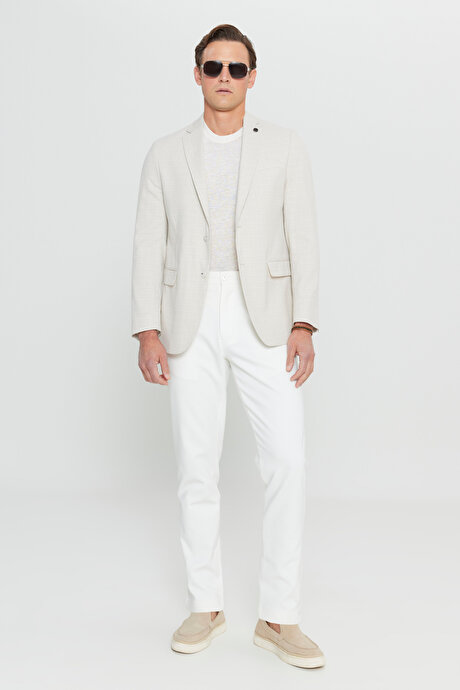 Slim Fit Dar Kesim Pamuklu Flamlı Kapak Cepli Blazer Bej Ceket resmi