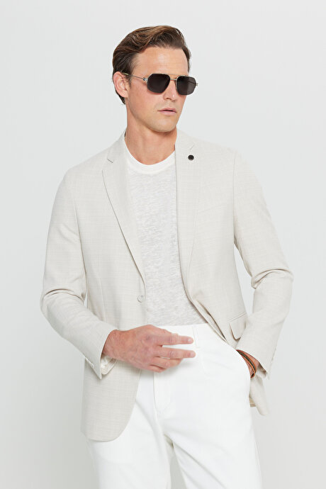 Slim Fit Dar Kesim Pamuklu Flamlı Kapak Cepli Blazer Bej Ceket resmi