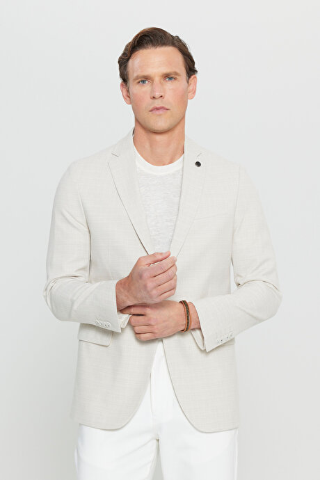 Slim Fit Dar Kesim Pamuklu Flamlı Kapak Cepli Blazer Bej Ceket resmi
