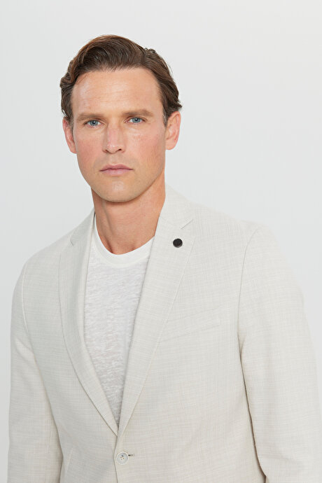 Slim Fit Dar Kesim Pamuklu Flamlı Kapak Cepli Blazer Bej Ceket resmi