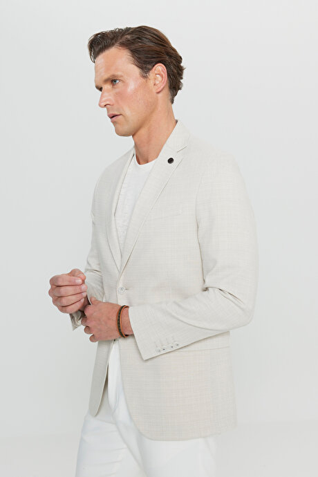 Slim Fit Dar Kesim Pamuklu Flamlı Kapak Cepli Blazer Bej Ceket resmi