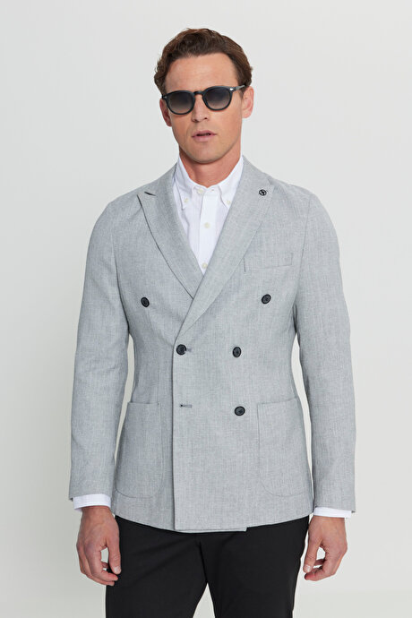 Slim Fit Dar Kesim Kırlangıç Yaka Armürlü Torba Cepli Kruvaze Blazer Gri-Siyah Ceket resmi