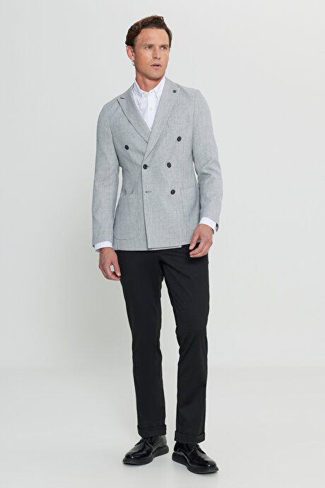 Slim Fit Dar Kesim Kırlangıç Yaka Armürlü Torba Cepli Kruvaze Blazer Gri-Siyah Ceket resmi