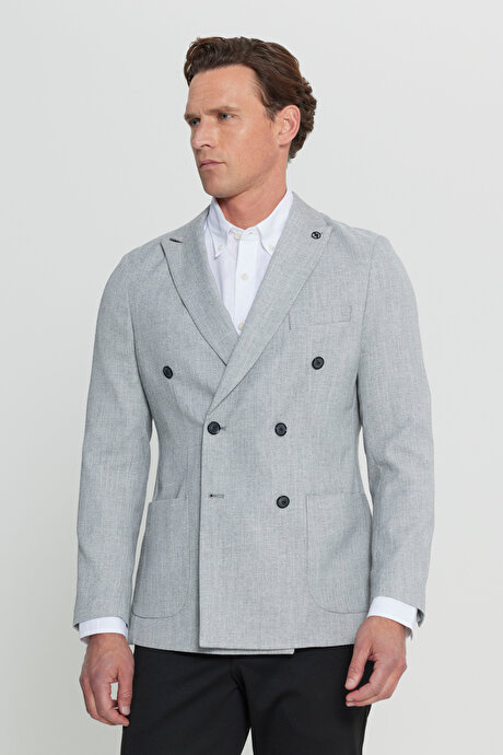 Slim Fit Dar Kesim Kırlangıç Yaka Armürlü Torba Cepli Kruvaze Blazer Gri-Siyah Ceket resmi