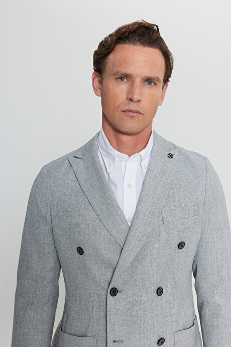 Slim Fit Dar Kesim Kırlangıç Yaka Armürlü Torba Cepli Kruvaze Blazer Gri-Siyah Ceket resmi