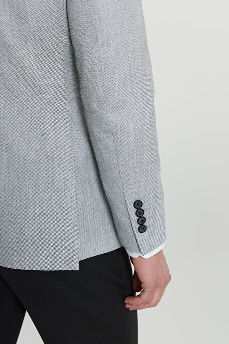 Slim Fit Dar Kesim Kırlangıç Yaka Armürlü Torba Cepli Kruvaze Blazer Gri-Siyah Ceket resmi