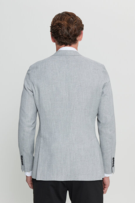 Slim Fit Dar Kesim Kırlangıç Yaka Armürlü Torba Cepli Kruvaze Blazer Gri-Siyah Ceket resmi