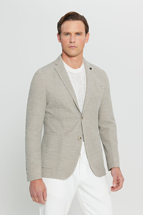 Pamuklu Slim Fit Dar Kesim Mono Yaka Torba Cepli Armürlü Blazer Bej Ceket resmi