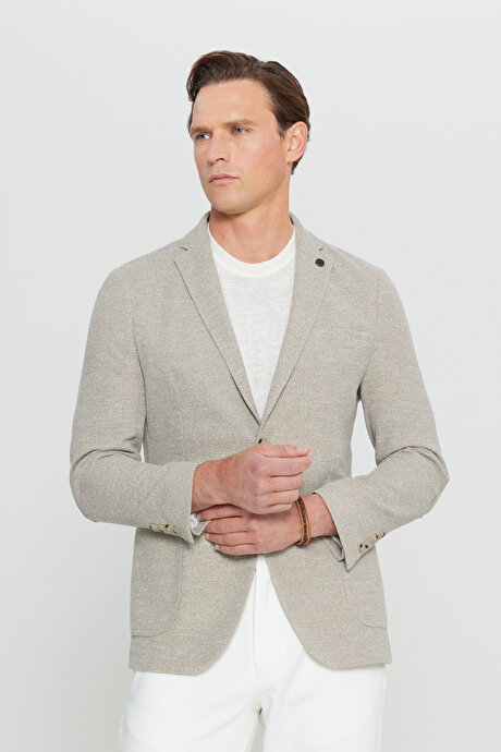 Pamuklu Slim Fit Dar Kesim Mono Yaka Torba Cepli Armürlü Blazer Bej Ceket resmi