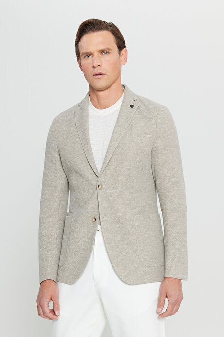 Pamuklu Slim Fit Dar Kesim Mono Yaka Torba Cepli Armürlü Blazer Bej Ceket resmi