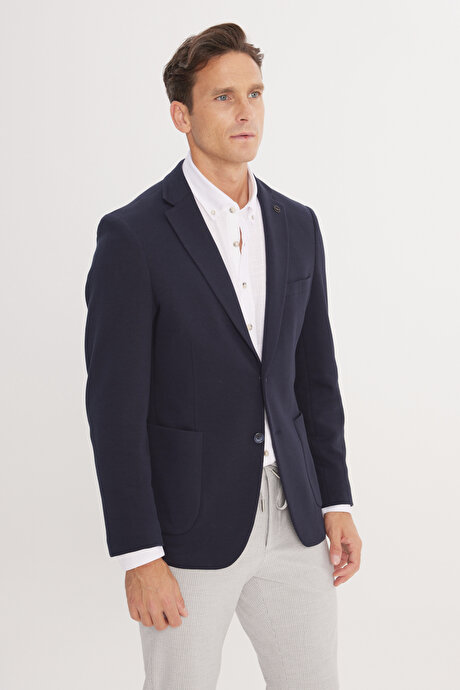 Pamuklu Slim Fit Dar Kesim Mono Yaka Armürlü Torba Cepli Blazer Lacivert Ceket resmi