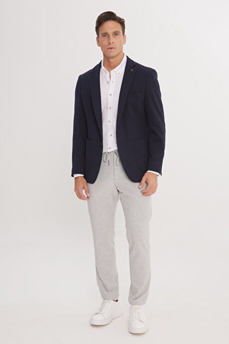 Pamuklu Slim Fit Dar Kesim Mono Yaka Armürlü Torba Cepli Blazer Lacivert Ceket resmi