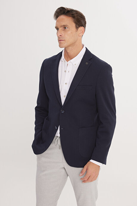 Pamuklu Slim Fit Dar Kesim Mono Yaka Armürlü Torba Cepli Blazer Lacivert Ceket resmi