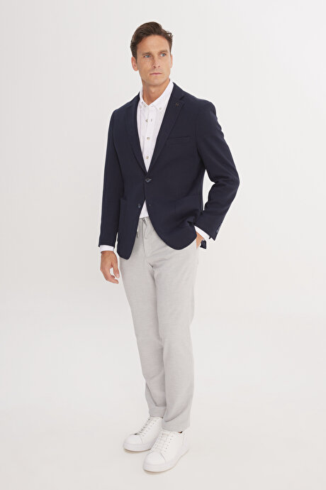 Pamuklu Slim Fit Dar Kesim Mono Yaka Armürlü Torba Cepli Blazer Lacivert Ceket resmi