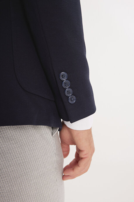 Pamuklu Slim Fit Dar Kesim Mono Yaka Armürlü Torba Cepli Blazer Lacivert Ceket resmi