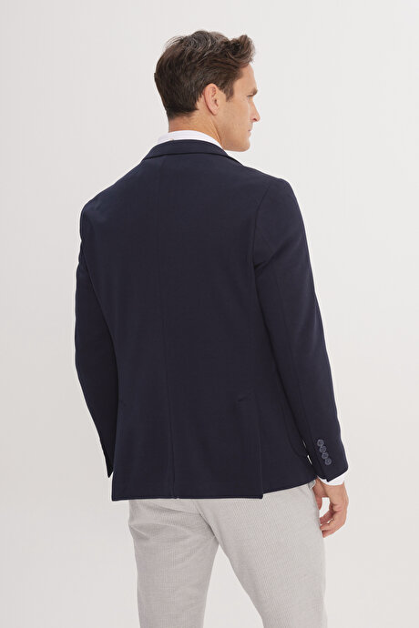 Pamuklu Slim Fit Dar Kesim Mono Yaka Armürlü Torba Cepli Blazer Lacivert Ceket resmi