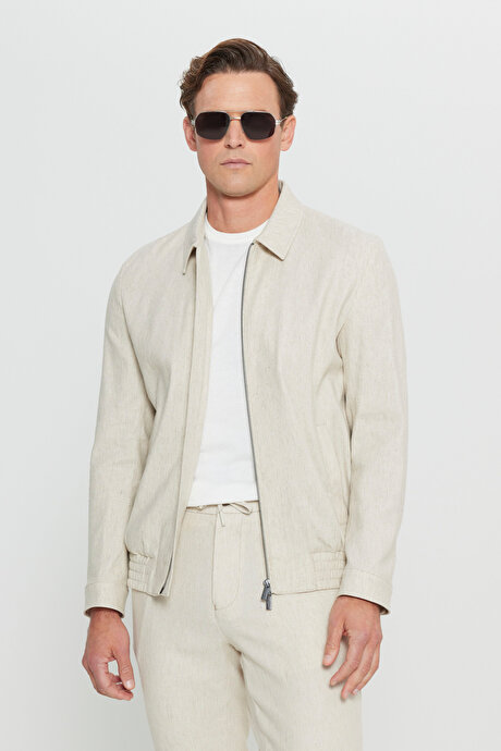 Keten Standart Fit Normal Kesim Gömlek Yaka Bomber Ceket Bej Mont resmi