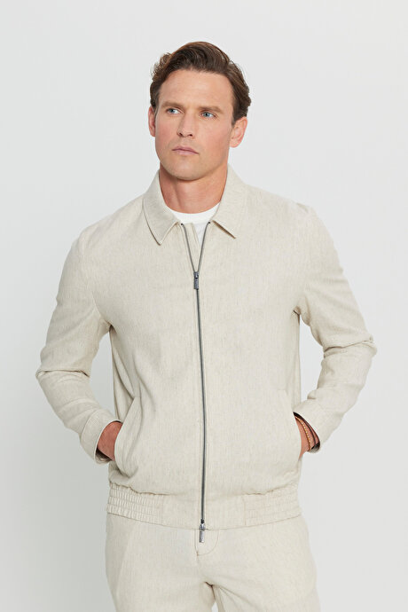 Keten Standart Fit Normal Kesim Gömlek Yaka Bomber Ceket Bej Mont resmi