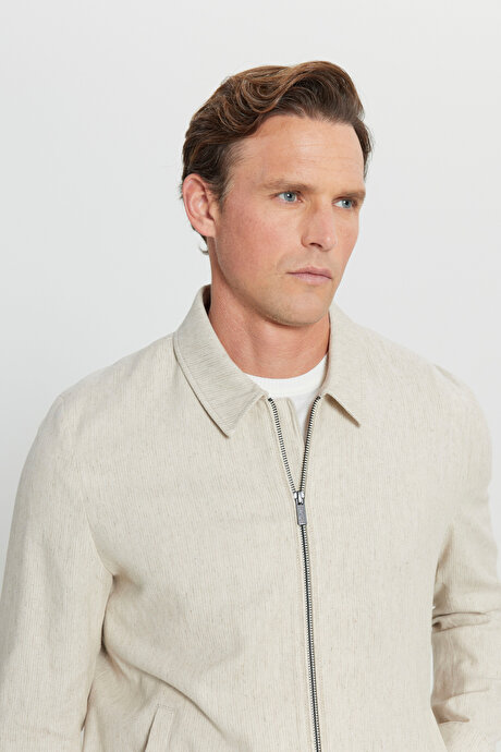 Keten Standart Fit Normal Kesim Gömlek Yaka Bomber Ceket Bej Mont resmi