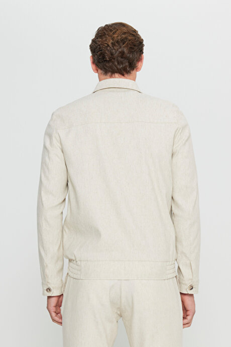 Keten Standart Fit Normal Kesim Gömlek Yaka Bomber Ceket Bej Mont resmi