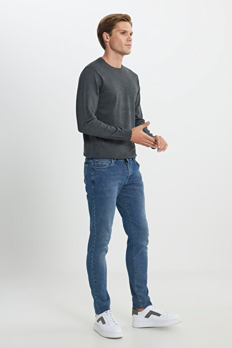 Pamuklu Esnek Slim Fit Dar Kesim 5 Cep Jean Kot Açık Mavi Denim Pantolon resmi
