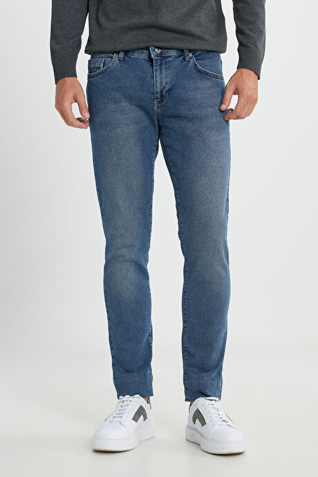 Pamuklu Esnek Slim Fit Dar Kesim 5 Cep Jean Kot Açık Mavi Denim Pantolon resmi