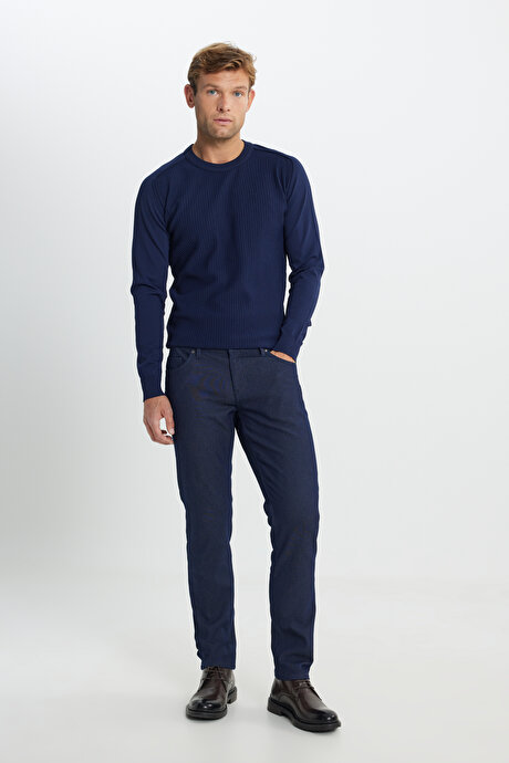Pamuklu Slim Fit Dar Kesim 5 Cep Armürlü Jean Kot İndigo Denim Pantolon resmi