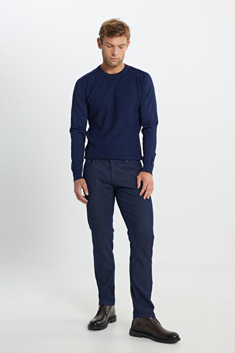 Pamuklu Slim Fit Dar Kesim 5 Cep Armürlü Jean Kot İndigo Denim Pantolon resmi