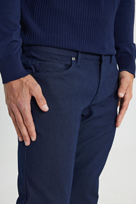 Pamuklu Slim Fit Dar Kesim 5 Cep Armürlü Jean Kot İndigo Denim Pantolon resmi