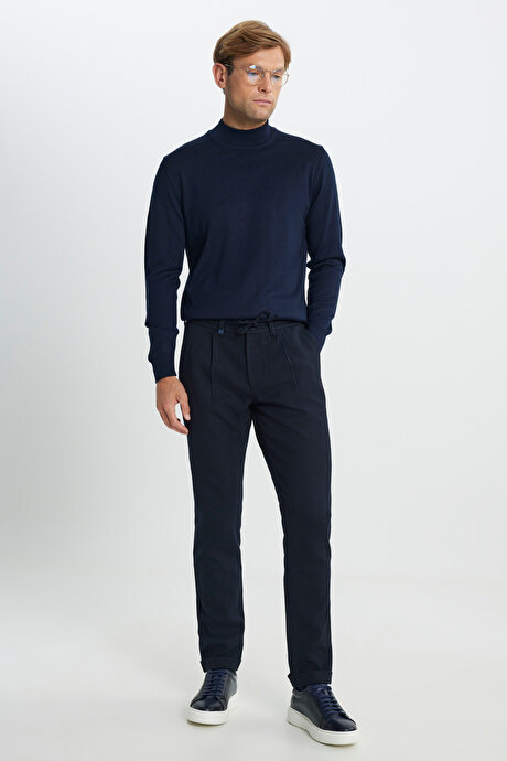 Yünlü Slim Fit Dar Kesim Beli Bağlamalı Diagonal Desenli Yan Cep Casual Lacivert Pantolon resmi