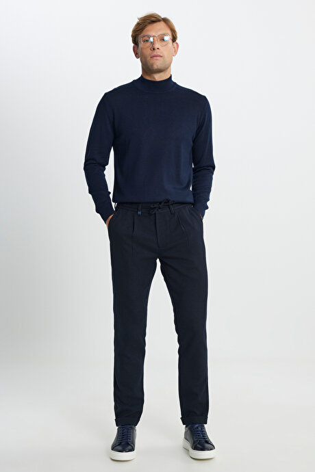 Yünlü Slim Fit Dar Kesim Beli Bağlamalı Diagonal Desenli Yan Cep Casual Lacivert Pantolon resmi
