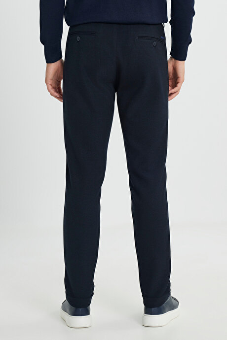 Yünlü Slim Fit Dar Kesim Beli Bağlamalı Diagonal Desenli Yan Cep Casual Lacivert Pantolon resmi