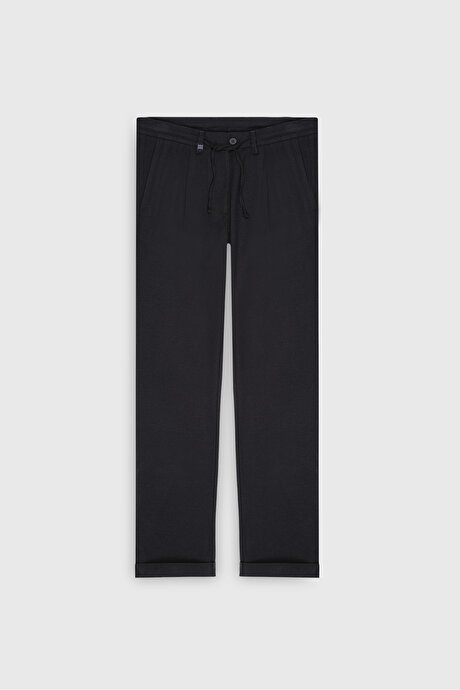 Yünlü Slim Fit Dar Kesim Beli Bağlamalı Diagonal Desenli Yan Cep Casual Lacivert Pantolon resmi