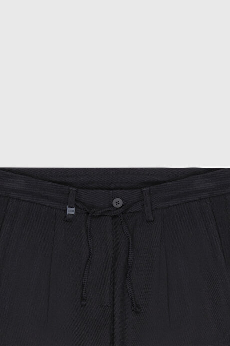 Yünlü Slim Fit Dar Kesim Beli Bağlamalı Diagonal Desenli Yan Cep Casual Lacivert Pantolon resmi