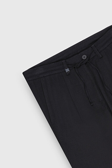 Yünlü Slim Fit Dar Kesim Beli Bağlamalı Diagonal Desenli Yan Cep Casual Lacivert Pantolon resmi