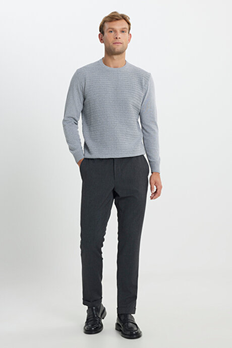 Yünlü Slim Fit Dar Kesim Balıksırtı Desenli Yan Cep Esnek Casual Kahverengi Pantolon resmi