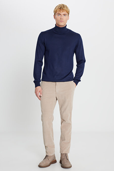 Pamuklu Slim Fit Dar Kesim Yan Cep Kadife Esnek Casual Bej Pantolon resmi