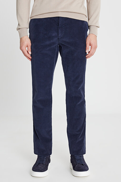 Pamuklu Slim Fit Dar Kesim Yan Cep Kadife Esnek Casual Lacivert Pantolon resmi