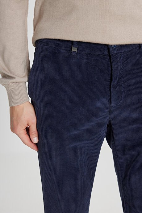 Pamuklu Slim Fit Dar Kesim Yan Cep Kadife Esnek Casual Lacivert Pantolon resmi