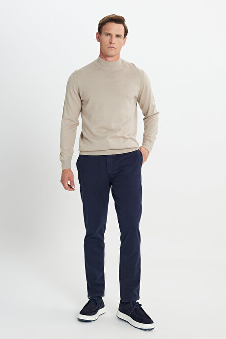 Pamuklu Slim Fit Dar Kesim Diagonal Desenli Pileli Yan Cep Casual Lacivert Pantolon resmi