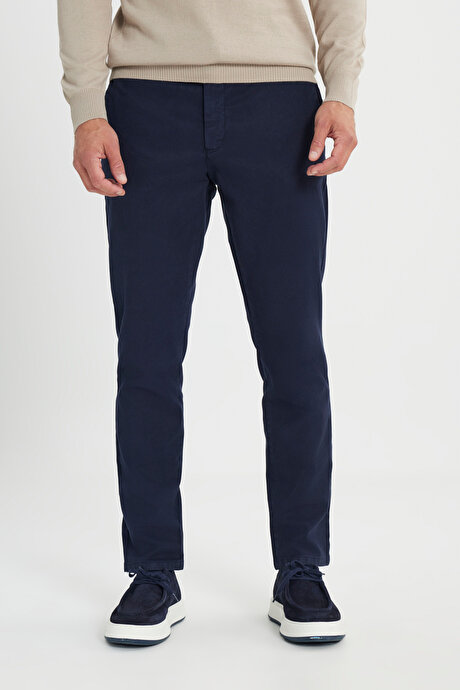 Pamuklu Slim Fit Dar Kesim Diagonal Desenli Pileli Yan Cep Casual Lacivert Pantolon resmi