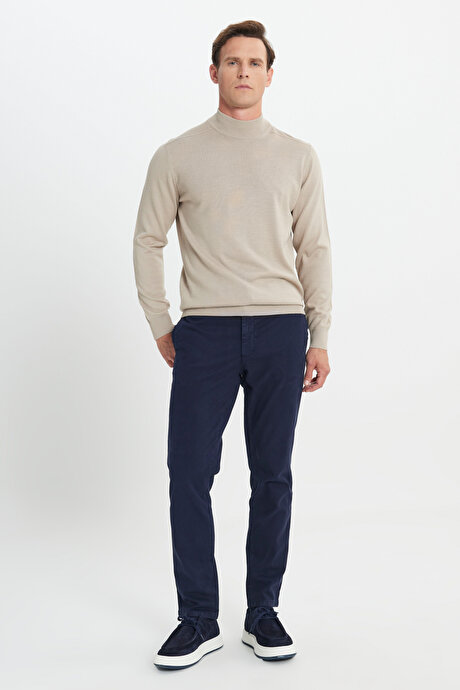 Pamuklu Slim Fit Dar Kesim Diagonal Desenli Pileli Yan Cep Casual Lacivert Pantolon resmi